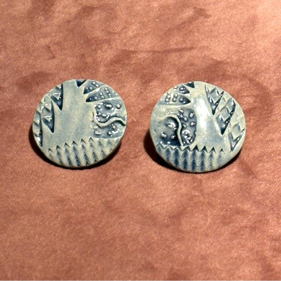 Jewelry - Ceramic hand stamped earrings. Blue.
